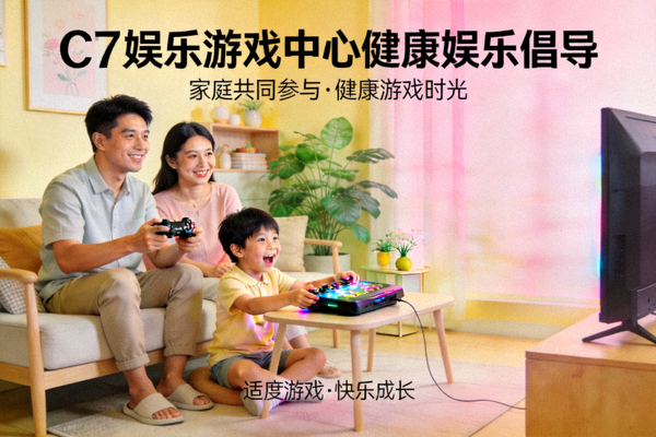 C7娱乐游戏中心健康娱乐倡导宣传图 - 家庭共同参与健康游戏的温馨场景